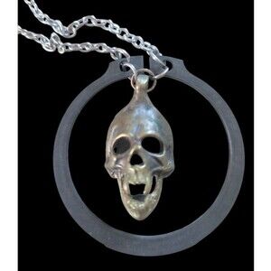 Vintage Vampire Skull Pendant on Chain Necklace 28” Fangs Goth Halloween